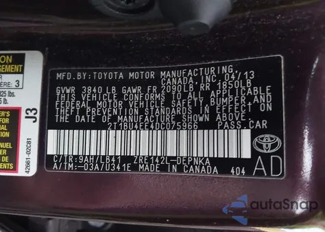 2013 Toyota Corolla Le Special Edition z USA, uszkodzony, nr VIN 2T1BU4EE4DC075966